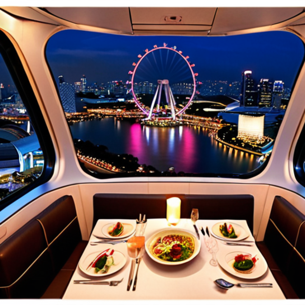 **Image Prompt:** Singapore Flyer at night, panoramic view of illuminated cityscape, twinkling lights, sense of wonder, romantic atmosphere, dining table inside capsule, gourmet meal, soft lighting.