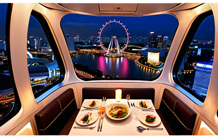 **Image Prompt:** Singapore Flyer at night, panoramic view of illuminated cityscape, twinkling lights, sense of wonder, romantic atmosphere, dining table inside capsule, gourmet meal, soft lighting.