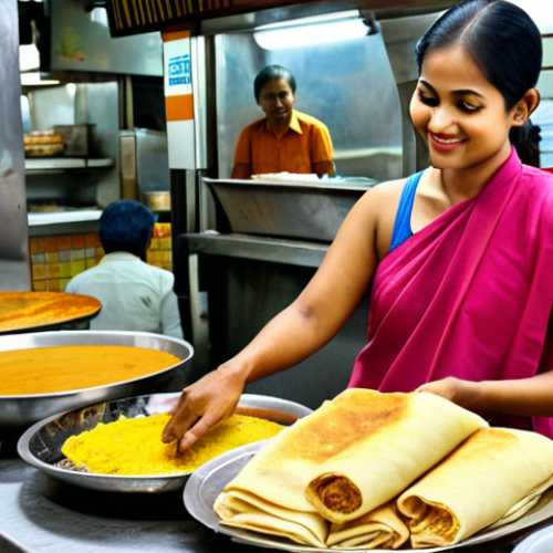 Home 6 **A vibrant hawker center scene in Singapore, showcasing a Chinese woman happily ordering "thosai" (dosa) in fluent Tamil from an Indian vendor, illustrating the harmonious blend of cultures.**