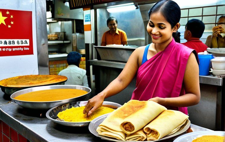 **A vibrant hawker center scene in Singapore, showcasing a Chinese woman happily ordering "thosai" (dosa) in fluent Tamil from an Indian vendor, illustrating the harmonious blend of cultures.**