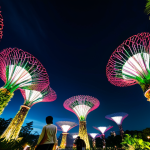 A breathtaking wide-angle professional photograph of Gardens by the Bay in Singapore at night. Majestic Supertrees are illuminated with a vibrant, colorful light show, creating ethereal light trails. Lush tropical vegetation surrounds the futuristic structures. A few diverse individuals, fully clothed in modest, appropriate attire, are observing the spectacle. The scene captures the awe-inspiring blend of nature and modern engineering with a clear view of the illuminated domes in the background. High resolution, stunning visual effects, vivid colors, dynamic lighting, safe for work, appropriate content, fully clothed, family-friendly, perfect anatomy, correct proportions, natural pose, well-formed hands, proper finger count, natural body proportions.