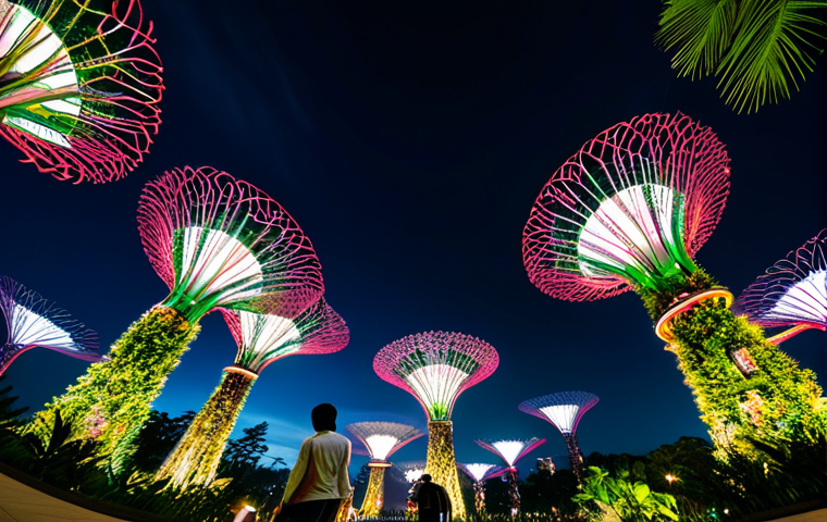 A breathtaking wide-angle professional photograph of Gardens by the Bay in Singapore at night. Majestic Supertrees are illuminated with a vibrant, colorful light show, creating ethereal light trails. Lush tropical vegetation surrounds the futuristic structures. A few diverse individuals, fully clothed in modest, appropriate attire, are observing the spectacle. The scene captures the awe-inspiring blend of nature and modern engineering with a clear view of the illuminated domes in the background. High resolution, stunning visual effects, vivid colors, dynamic lighting, safe for work, appropriate content, fully clothed, family-friendly, perfect anatomy, correct proportions, natural pose, well-formed hands, proper finger count, natural body proportions.