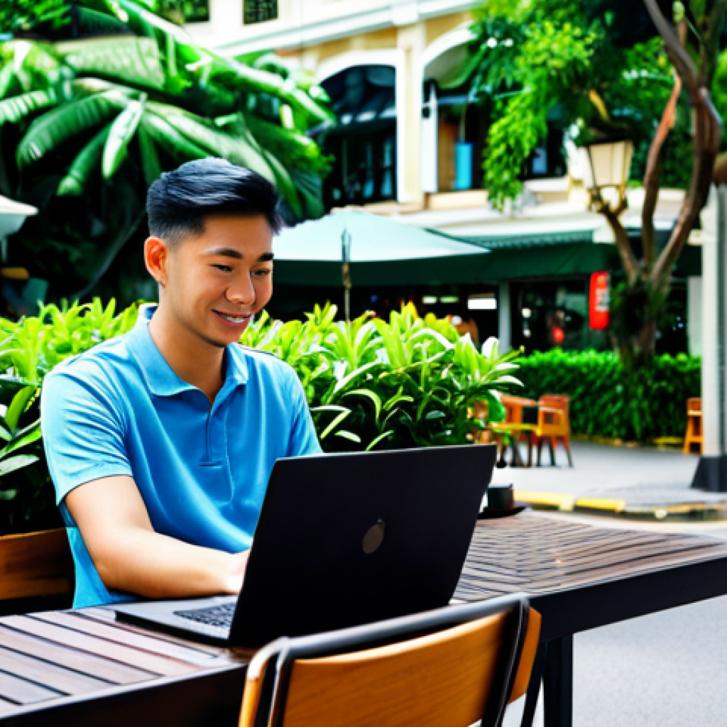 싱가포르 디지털 노마드 - **Prompt:** "A digital nomad, fully clothed in modest casual attire, working on a laptop at a cafe i...