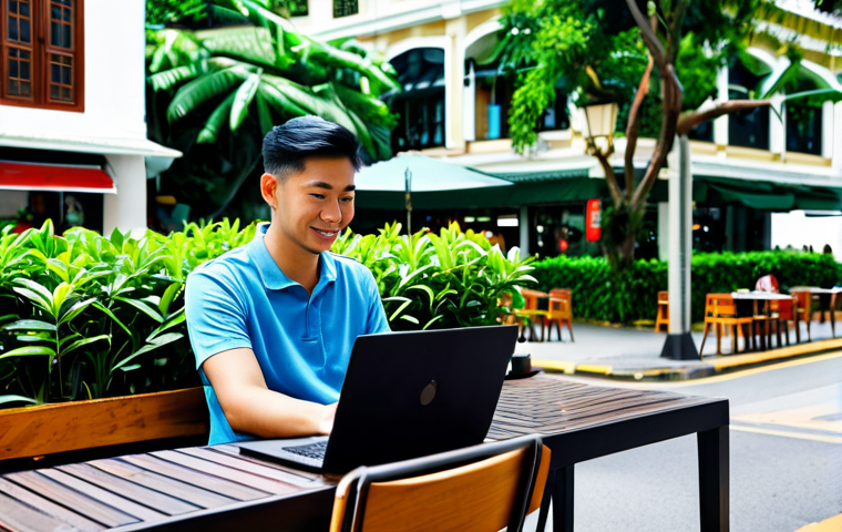 싱가포르 디지털 노마드 - **Prompt:** "A digital nomad, fully clothed in modest casual attire, working on a laptop at a cafe i...