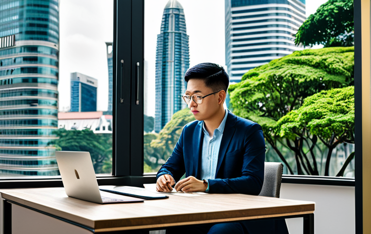 싱가포르 디지털 노마드 - **Prompt:** "A digital nomad, wearing appropriate attire, exploring the colorful architecture of Joo...