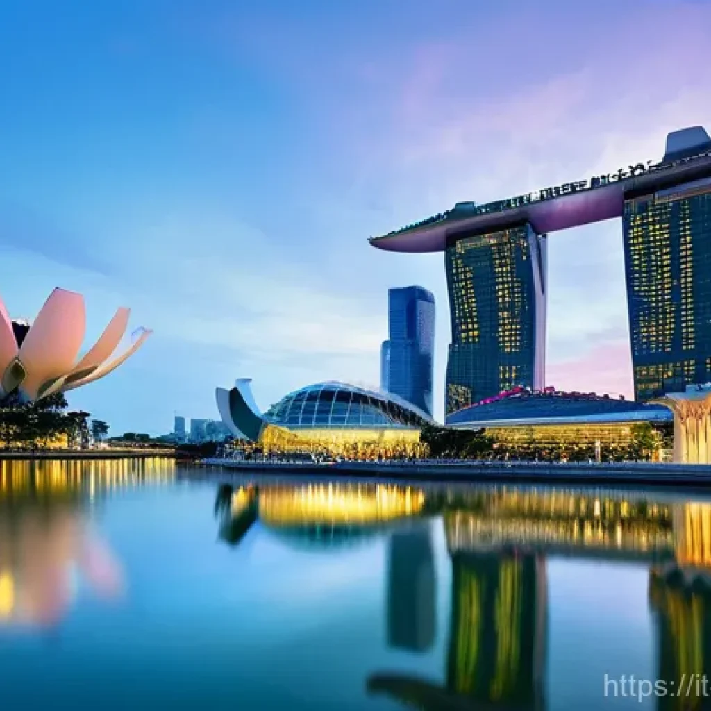싱가포르에서의 사진 전시회 - **Prompt:** A majestic panoramic view of Singapore's iconic Marina Bay at dawn. In the foreground, t...