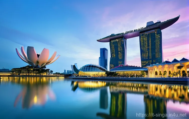 싱가포르에서의 사진 전시회 - **Prompt:** A majestic panoramic view of Singapore's iconic Marina Bay at dawn. In the foreground, t...