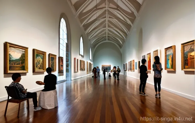 싱가포르에서의 사진 전시회 - **Prompt:** A majestic panoramic view of Singapore's iconic Marina Bay at dawn. In the foreground, t...