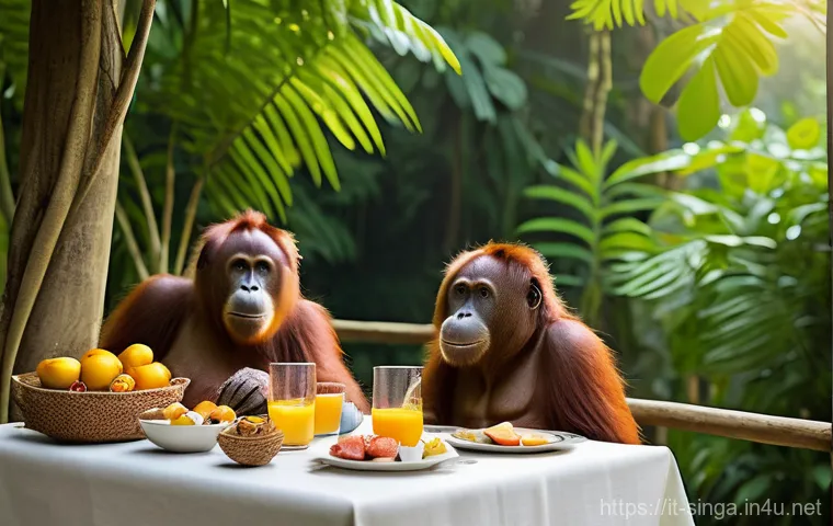 싱가포르 국립 동물원 - **Prompt 1: Breakfast with Orangutans**
    "A vibrant outdoor restaurant scene set within a lush tr...