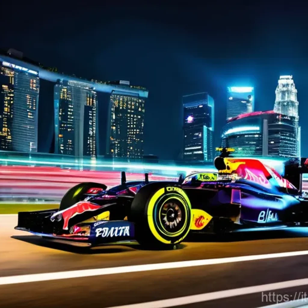 싱가포르 F1 그랑프리 - **A sleek Formula 1 car speeding through a brightly lit turn on the Marina Bay Street Circuit at nig...