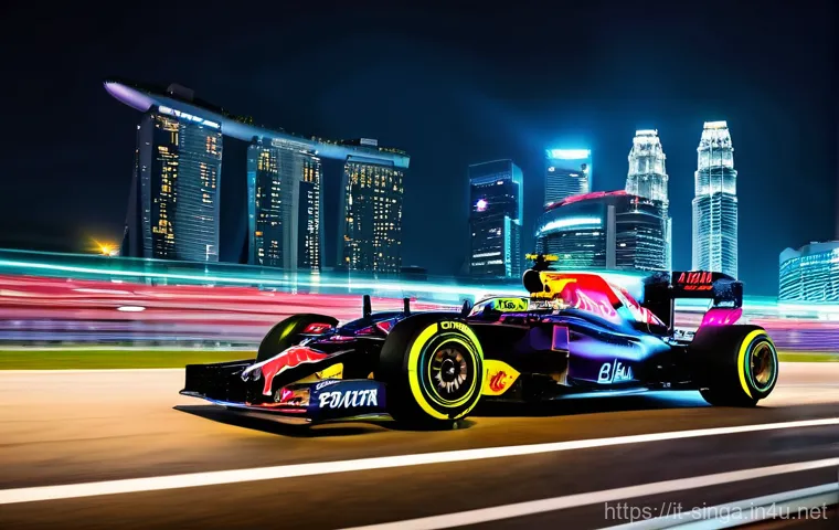 싱가포르 F1 그랑프리 - **A sleek Formula 1 car speeding through a brightly lit turn on the Marina Bay Street Circuit at nig...