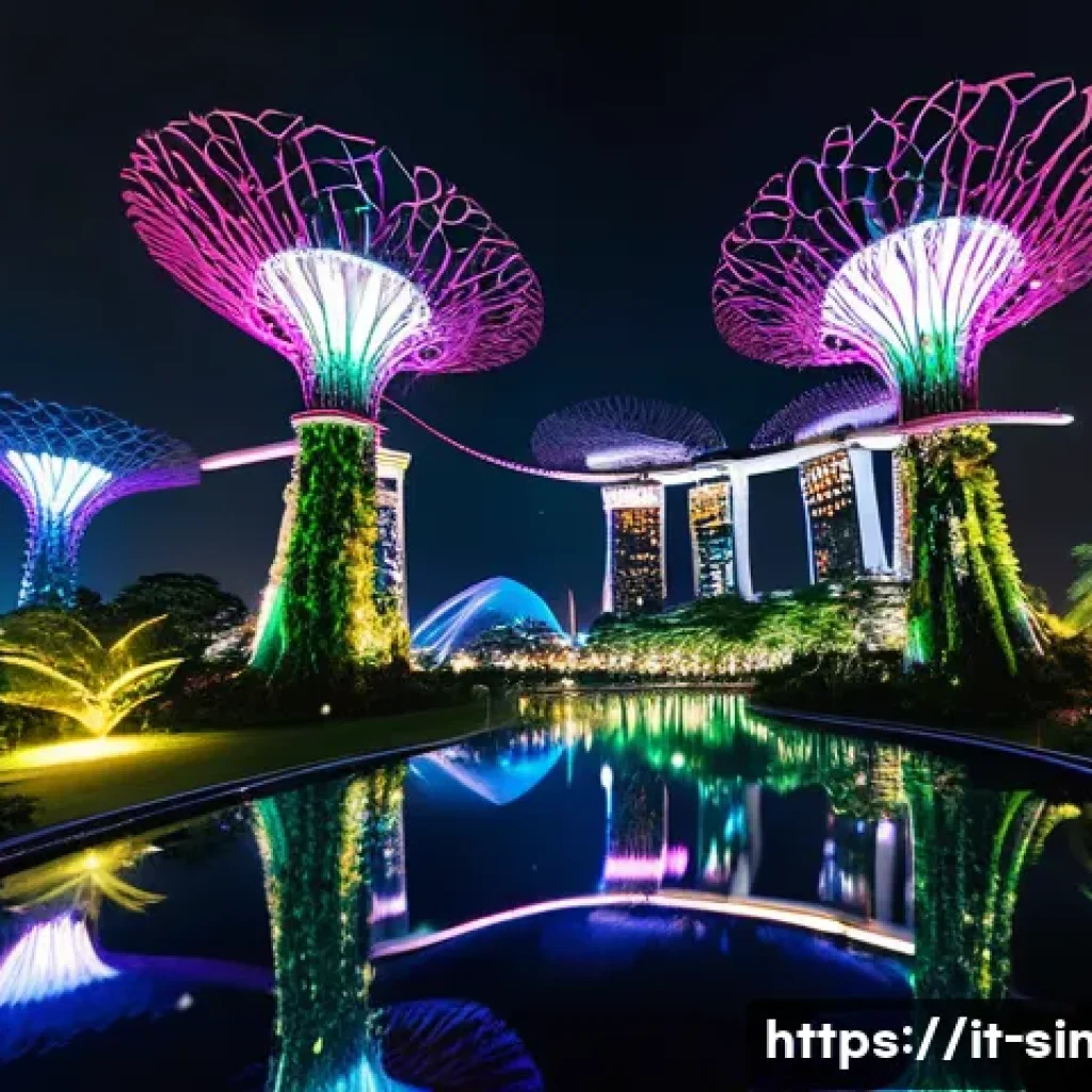 싱가포르의 독특한 건축물 - **Lush Supertrees Night Spectacle:** A stunning panoramic wide shot of the Supertrees Grove at Garde...