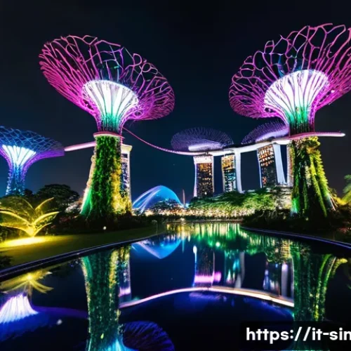 싱가포르의 독특한 건축물 - **Lush Supertrees Night Spectacle:** A stunning panoramic wide shot of the Supertrees Grove at Garde...