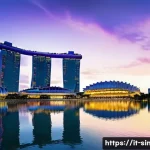 싱가포르로 가는 크루즈 여행 - A breathtaking panoramic view of Singapore’s Marina Bay at sunset, showcasing the futuristic skyline...