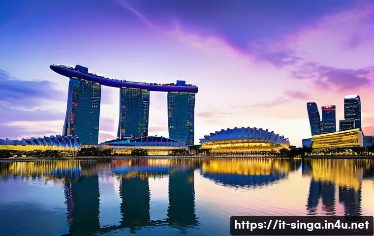 싱가포르로 가는 크루즈 여행 - A breathtaking panoramic view of Singapore’s Marina Bay at sunset, showcasing the futuristic skyline...