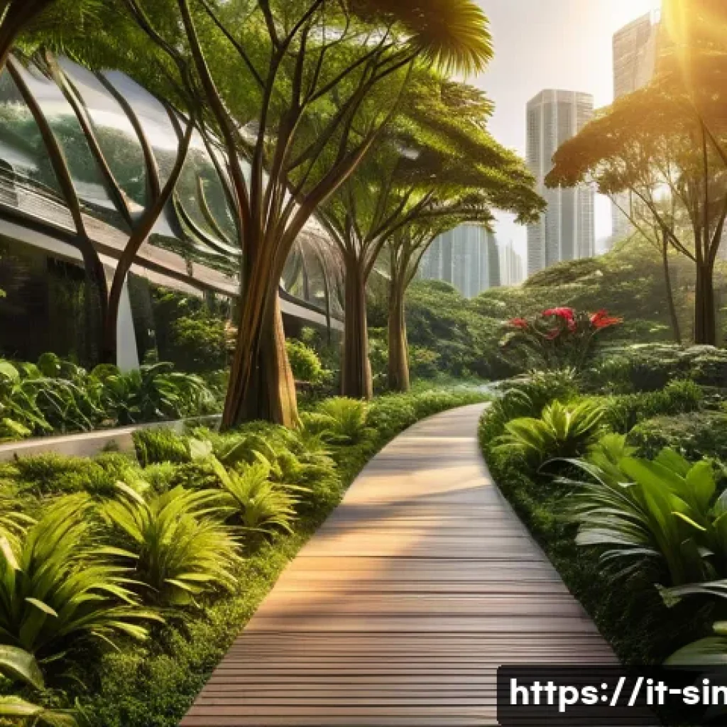 싱가포르의 인기 있는 공원 - A serene urban green oasis in Singapore at sunset, featuring lush tropical plants and rare flowers, ...