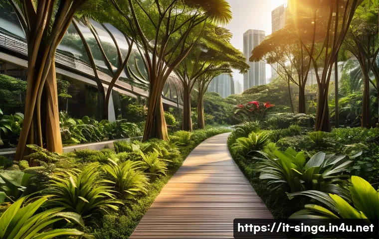싱가포르의 인기 있는 공원 - A serene urban green oasis in Singapore at sunset, featuring lush tropical plants and rare flowers, ...