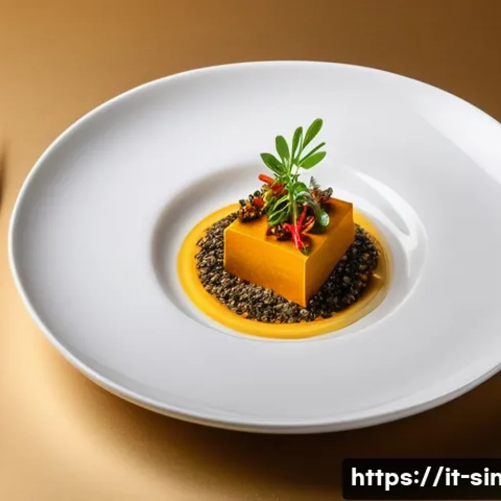 싱가포르의 퓨전 음식 트렌드 - A sophisticated modern Singaporean fusion dish beautifully plated on a minimalist white ceramic plat...