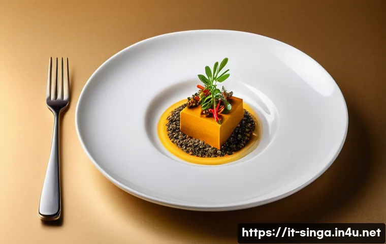 싱가포르의 퓨전 음식 트렌드 - A sophisticated modern Singaporean fusion dish beautifully plated on a minimalist white ceramic plat...