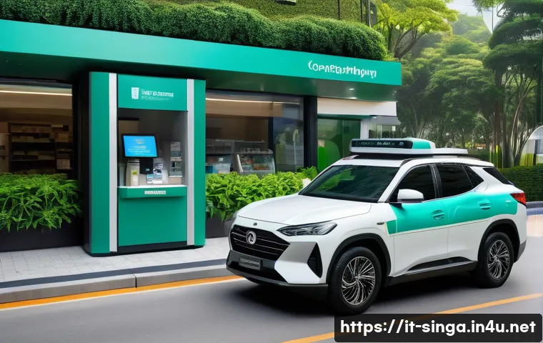 싱가포르 드라이브 스루 - A modern drive-thru pharmacy scene in Singapore, featuring a sleek car pulling up to a futuristic pi...