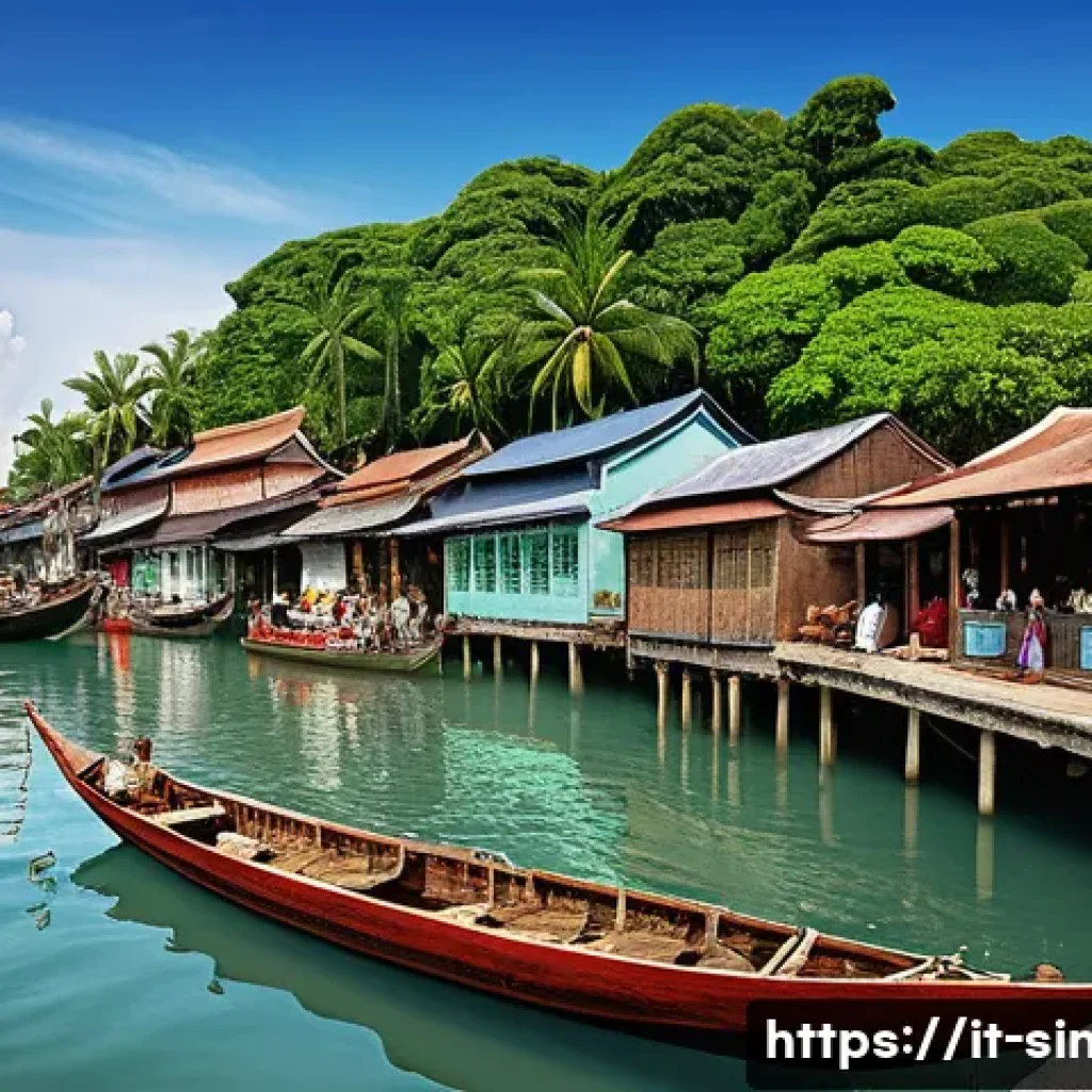 싱가포르의 역사 - A detailed historical scene of early 19th-century Singapore as a small fishing village called Temase...