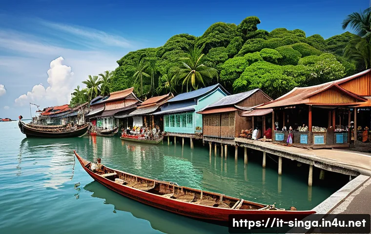 싱가포르의 역사 - A detailed historical scene of early 19th-century Singapore as a small fishing village called Temase...