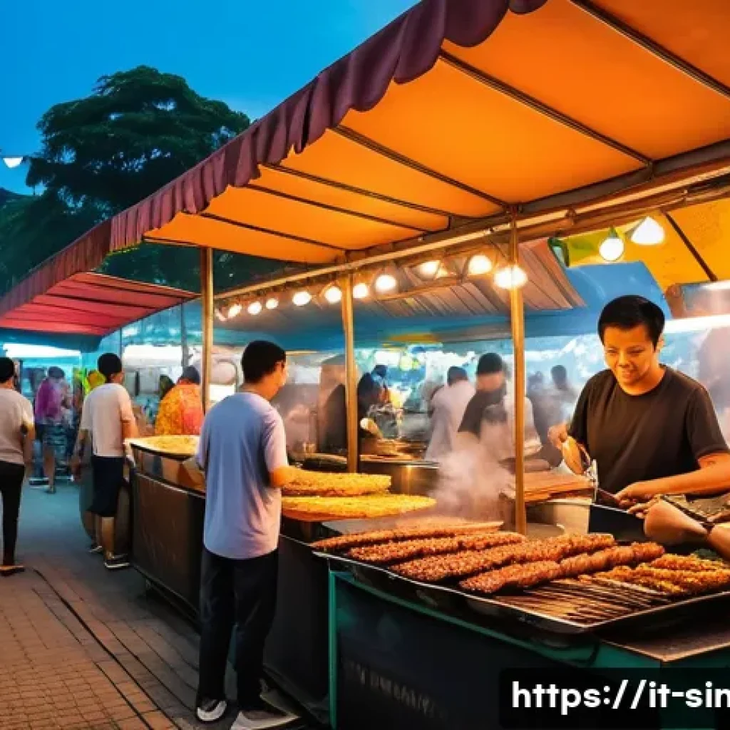 싱가포르 스트리트 푸드 - A vibrant hawker center scene in Singapore at dusk, bustling with diverse local people enjoying stre...