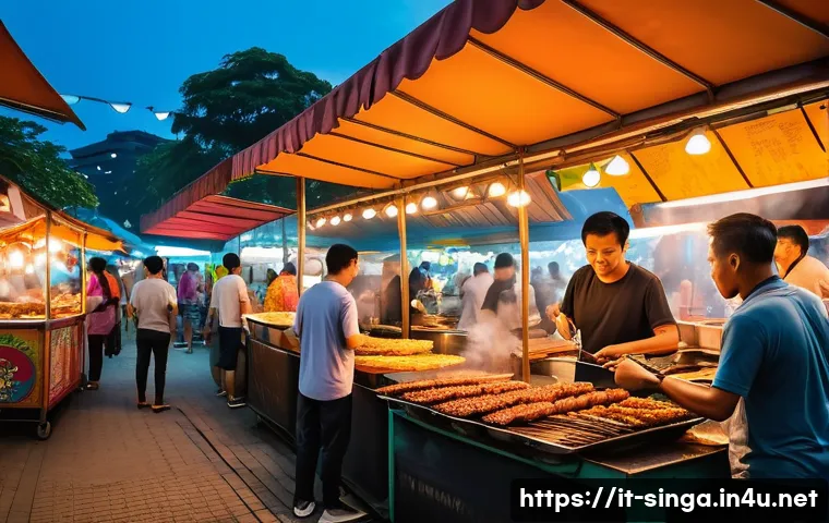 싱가포르 스트리트 푸드 - A vibrant hawker center scene in Singapore at dusk, bustling with diverse local people enjoying stre...
