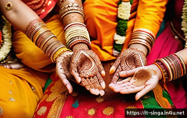 싱가포르 결혼 문화 - A vibrant Indian wedding scene in Singapore featuring the bride with intricate henna mehndi designs ...
