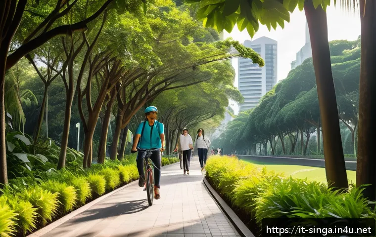 싱가포르 공원 시스템 - A vibrant urban green corridor in Singapore featuring lush, interconnected parks and tree-lined pede...