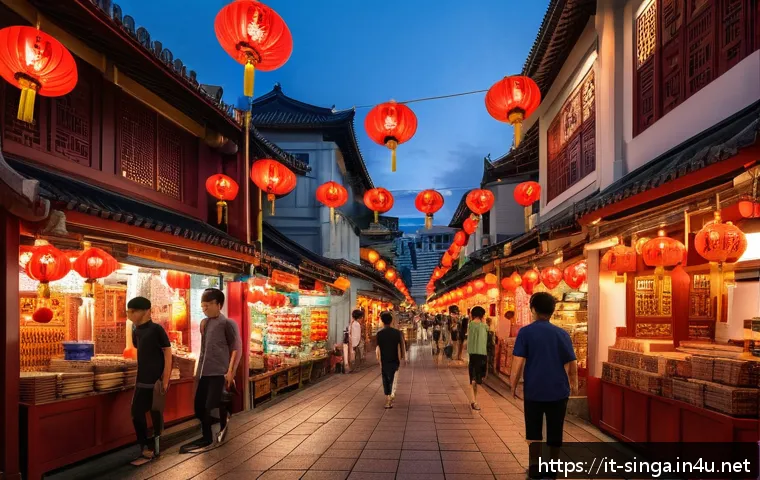 싱가포르와 주변국 여행 루트 - A vibrant street scene in Singapore&rsquo;s Chinatown at dusk, featuring bustling markets with colorful st...