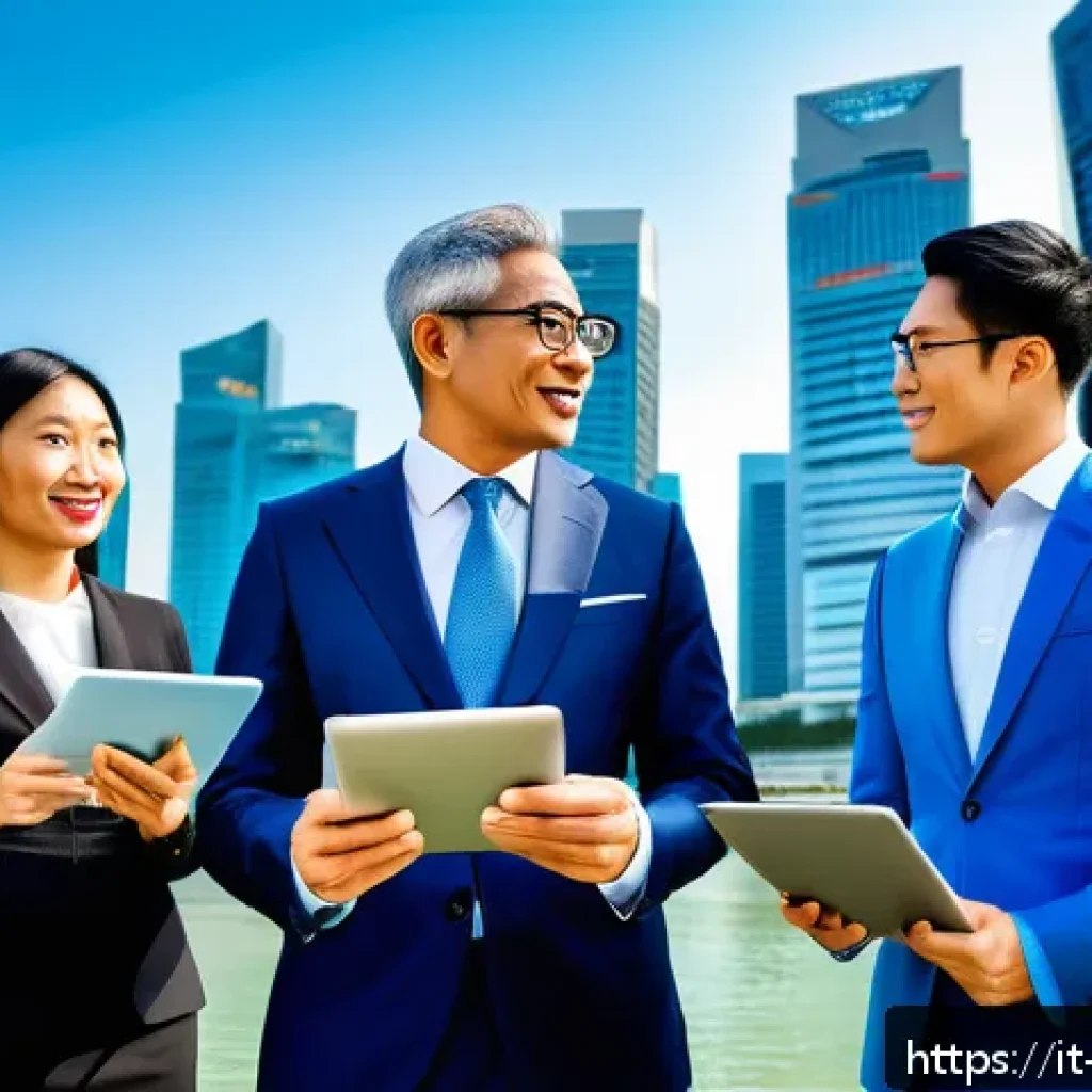 싱가포르 법률 사무소 - A modern corporate office scene in Singapore&rsquo;s financial district, featuring diverse international b...