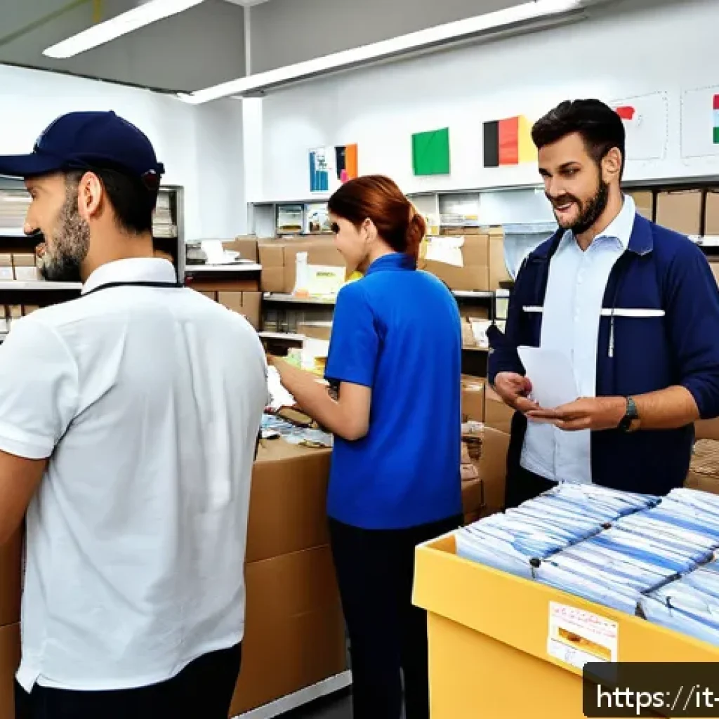 싱가포르에서 한국으로 소포 보내기 - A detailed scene showing a busy postal office in Italy with traditional postal workers handling pack...