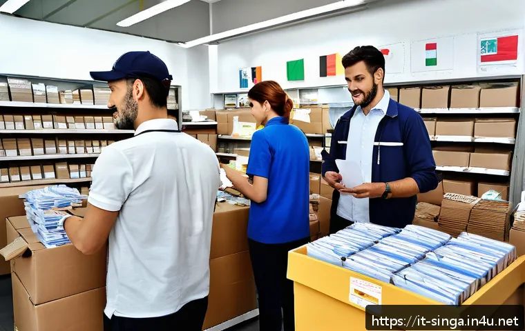 싱가포르에서 한국으로 소포 보내기 - A detailed scene showing a busy postal office in Italy with traditional postal workers handling pack...