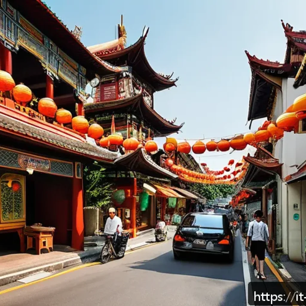 싱가포르 도보 여행 코스 - A vibrant street scene in Singapore&rsquo;s Chinatown during the daytime, showcasing historic temples rich...
