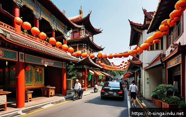 싱가포르 도보 여행 코스 - A vibrant street scene in Singapore&rsquo;s Chinatown during the daytime, showcasing historic temples rich...