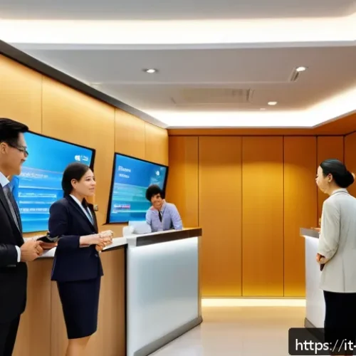 Home 31 싱가포르 은행 계좌 개설 - A modern Singapore bank branch interior with a diverse group of polite customers and professional ba...