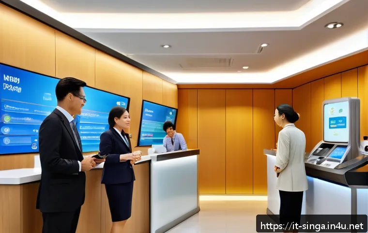 싱가포르 은행 계좌 개설 - A modern Singapore bank branch interior with a diverse group of polite customers and professional ba...