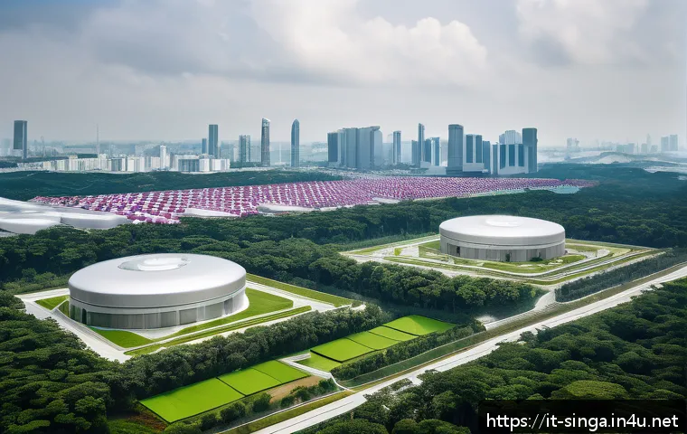 싱가포르 쓰레기 규제 - A futuristic waste-to-energy plant in Singapore, showcasing advanced incineration technology with sl...