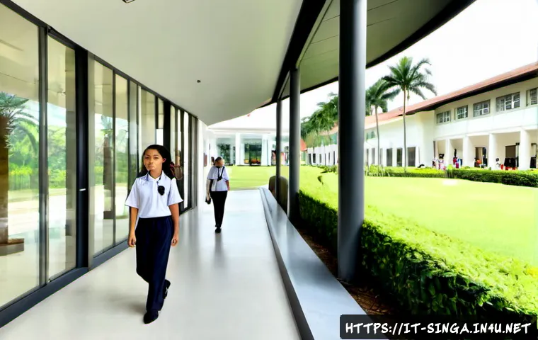 싱가포르 명문 국제학교 - Photorealistic exterior of a prestigious international school campus in Singapore, modern tropical a...