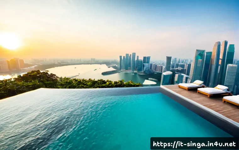 Home 17 싱가포르 마리나 수영장 후기 - Photorealistic wide-angle view of a luxurious rooftop infinity pool overlooking Singapore’s Marina B...